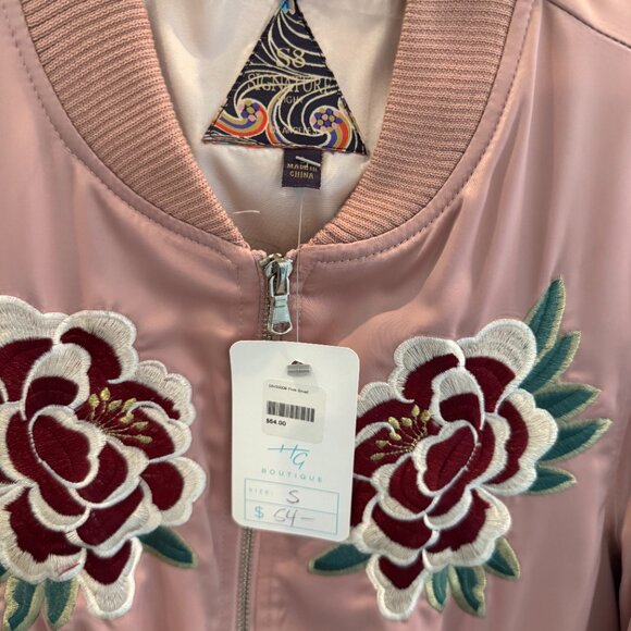 Signature8 Pink Satin Bomber Jacket NWT Women’s Small Floral Embroidered Zip Up - Picture 3 of 7